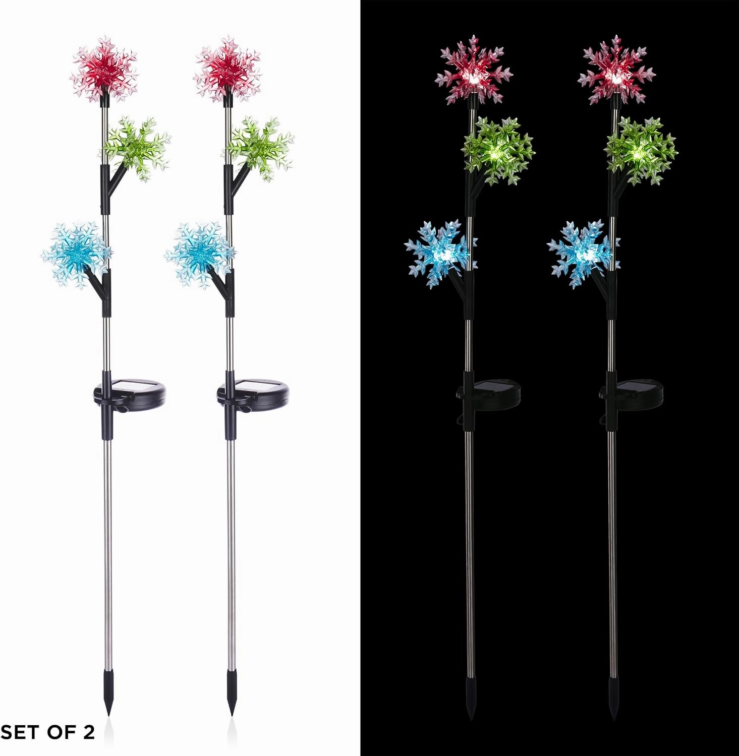 Alpine Corporation Holiday Décor Acrylic 3-Tier Snowflake Stakes with Solar Powered LED Lights; 2-Pack; Christmas Decoration