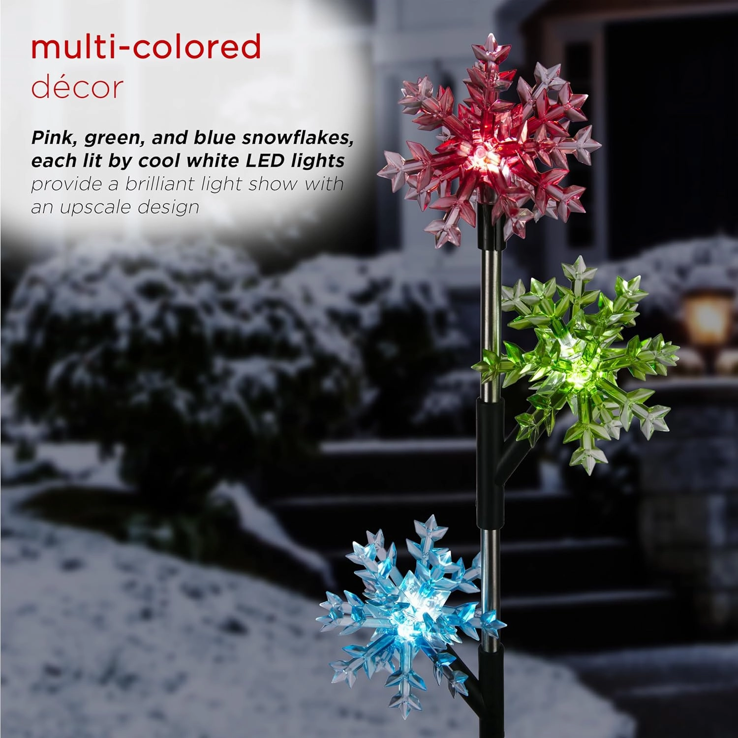 Alpine Corporation Holiday Décor Acrylic 3-Tier Snowflake Stakes with Solar Powered LED Lights; 2-Pack; Christmas Decoration