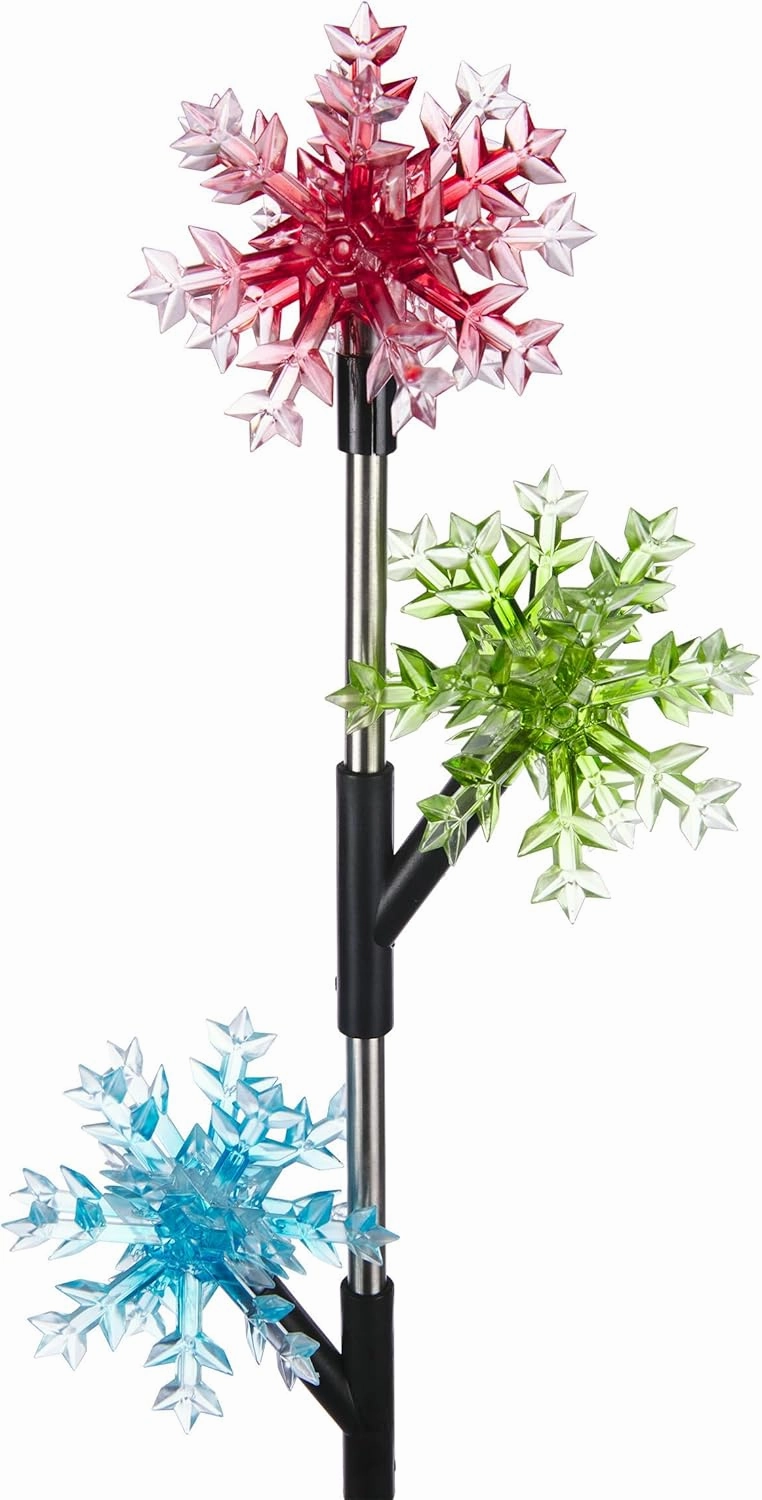 Alpine Corporation Holiday Décor Acrylic 3-Tier Snowflake Stakes with Solar Powered LED Lights; 2-Pack; Christmas Decoration