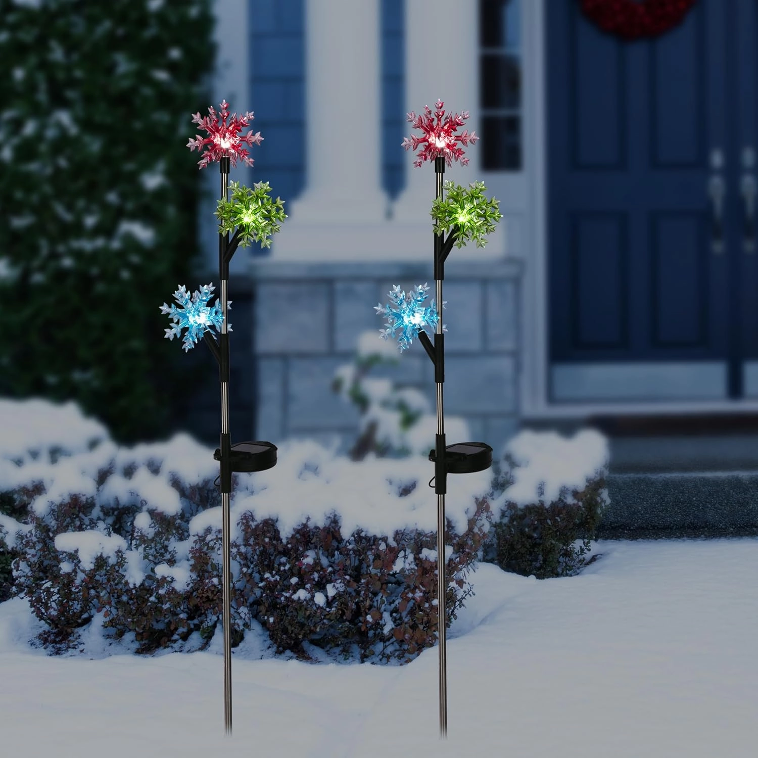 Alpine Corporation Holiday Décor Acrylic 3-Tier Snowflake Stakes with Solar Powered LED Lights; 2-Pack; Christmas Decoration