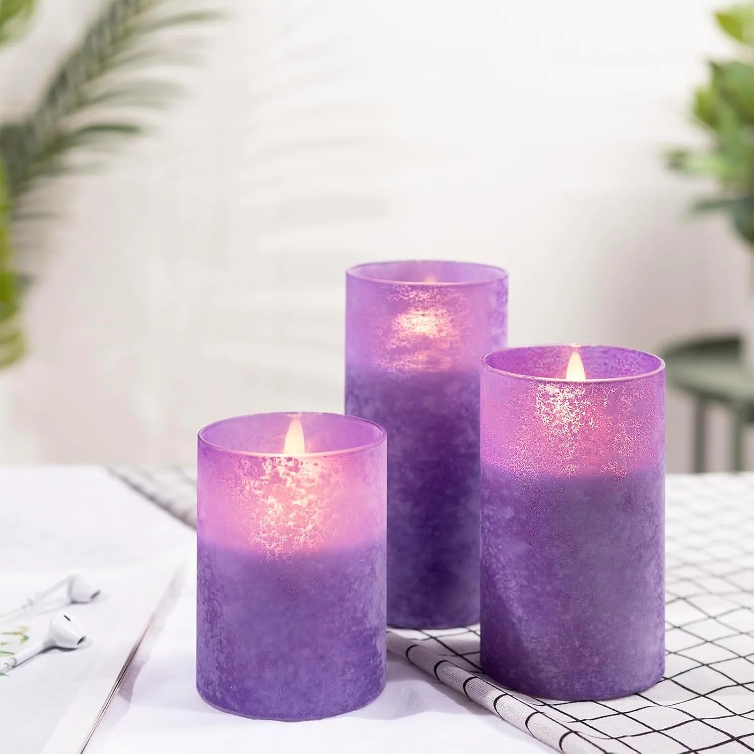 ANGELLOONG Glass Battery Operated Candles with Remote, Flameless Candles with Flickering Flame, Pillar LED Electric Timer Candle for Home Decor, Sandblast Purple