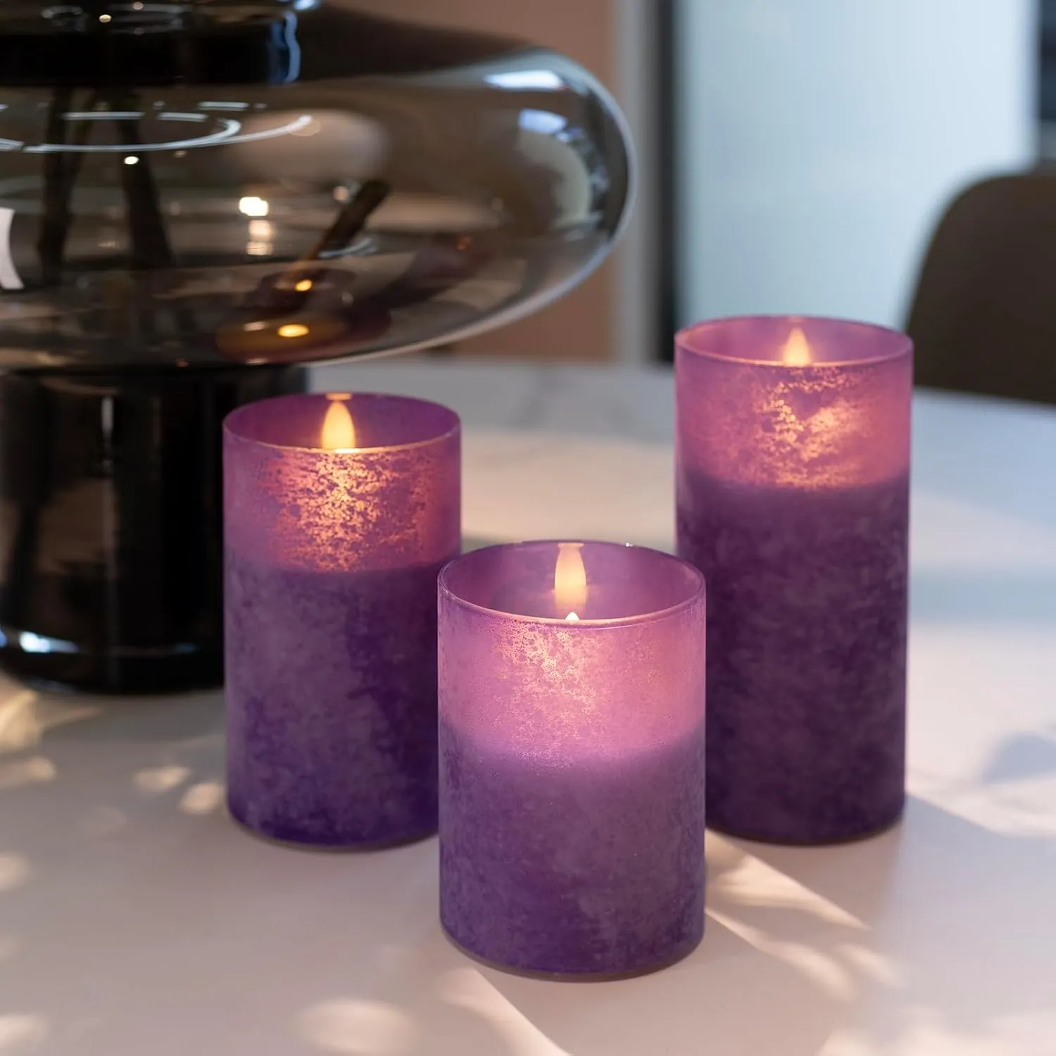 ANGELLOONG Glass Battery Operated Candles with Remote, Flameless Candles with Flickering Flame, Pillar LED Electric Timer Candle for Home Decor, Sandblast Purple