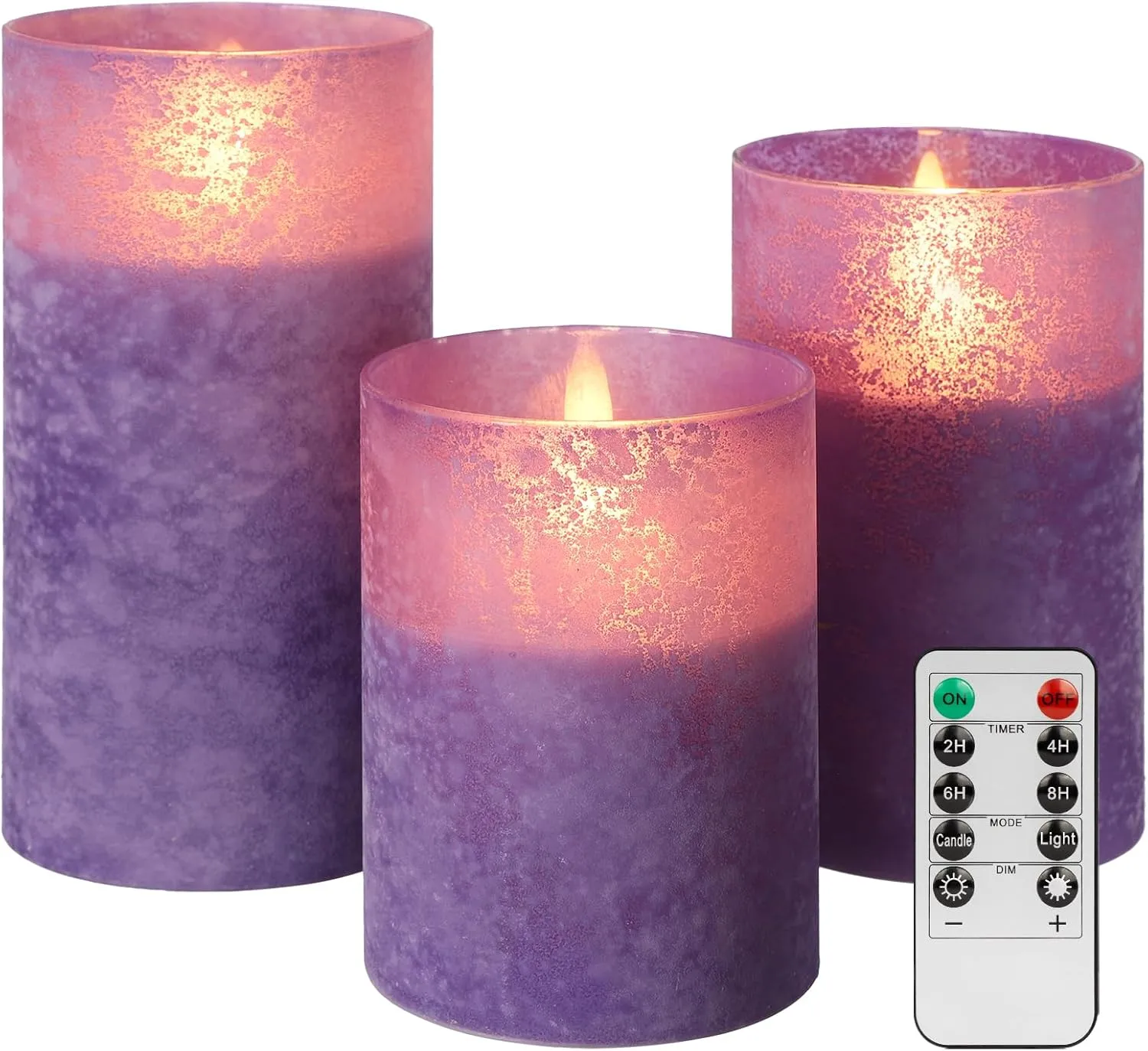 ANGELLOONG Glass Battery Operated Candles with Remote, Flameless Candles with Flickering Flame, Pillar LED Electric Timer Candle for Home Decor, Sandblast Purple