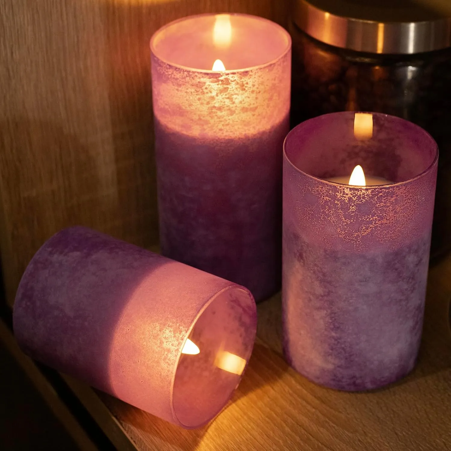 ANGELLOONG Glass Battery Operated Candles with Remote, Flameless Candles with Flickering Flame, Pillar LED Electric Timer Candle for Home Decor, Sandblast Purple