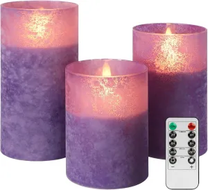 ANGELLOONG Glass Battery Operated Candles with Remote, Flameless Candles with Flickering Flame, Pillar LED Electric Timer Candle for Home Decor, Sandblast Purple