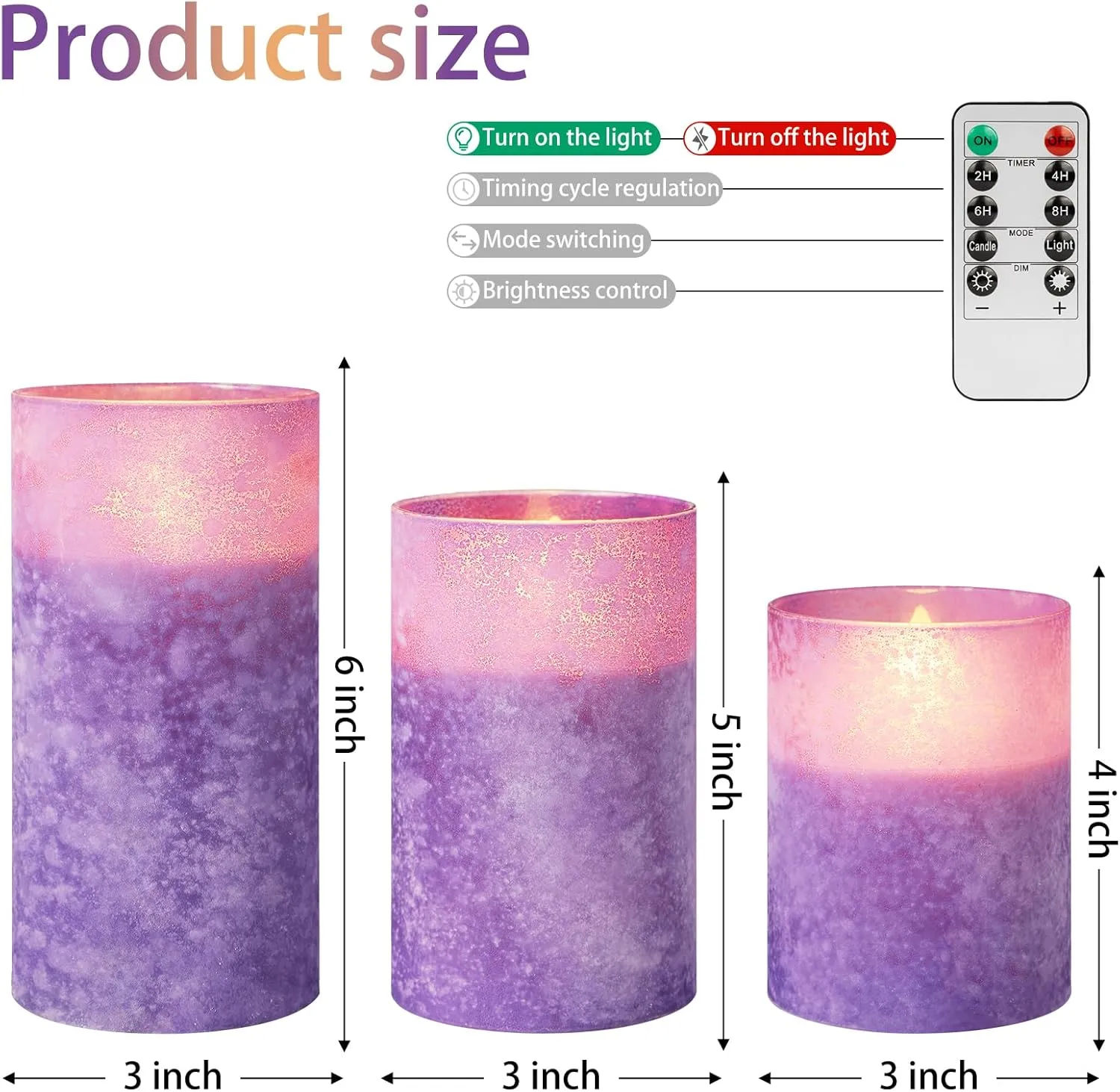 ANGELLOONG Glass Battery Operated Candles with Remote, Flameless Candles with Flickering Flame, Pillar LED Electric Timer Candle for Home Decor, Sandblast Purple