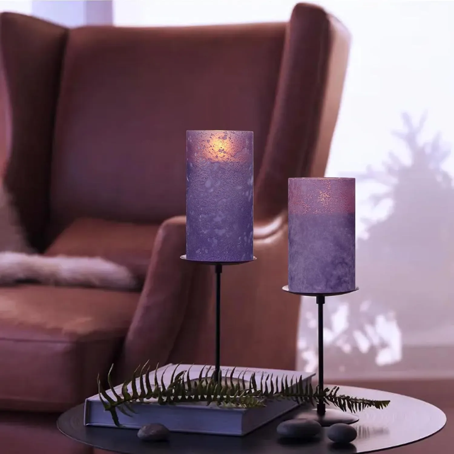 ANGELLOONG Glass Battery Operated Candles with Remote, Flameless Candles with Flickering Flame, Pillar LED Electric Timer Candle for Home Decor, Sandblast Purple