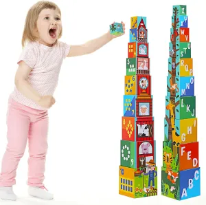 Animal Sorting and Stacking Blocks - Educational ABC & Numbers Toy for Babies and Toddlers - Montessori Learning Tower -10 Nesting Cubes Building Set - Ideal Present for Boys & Girls