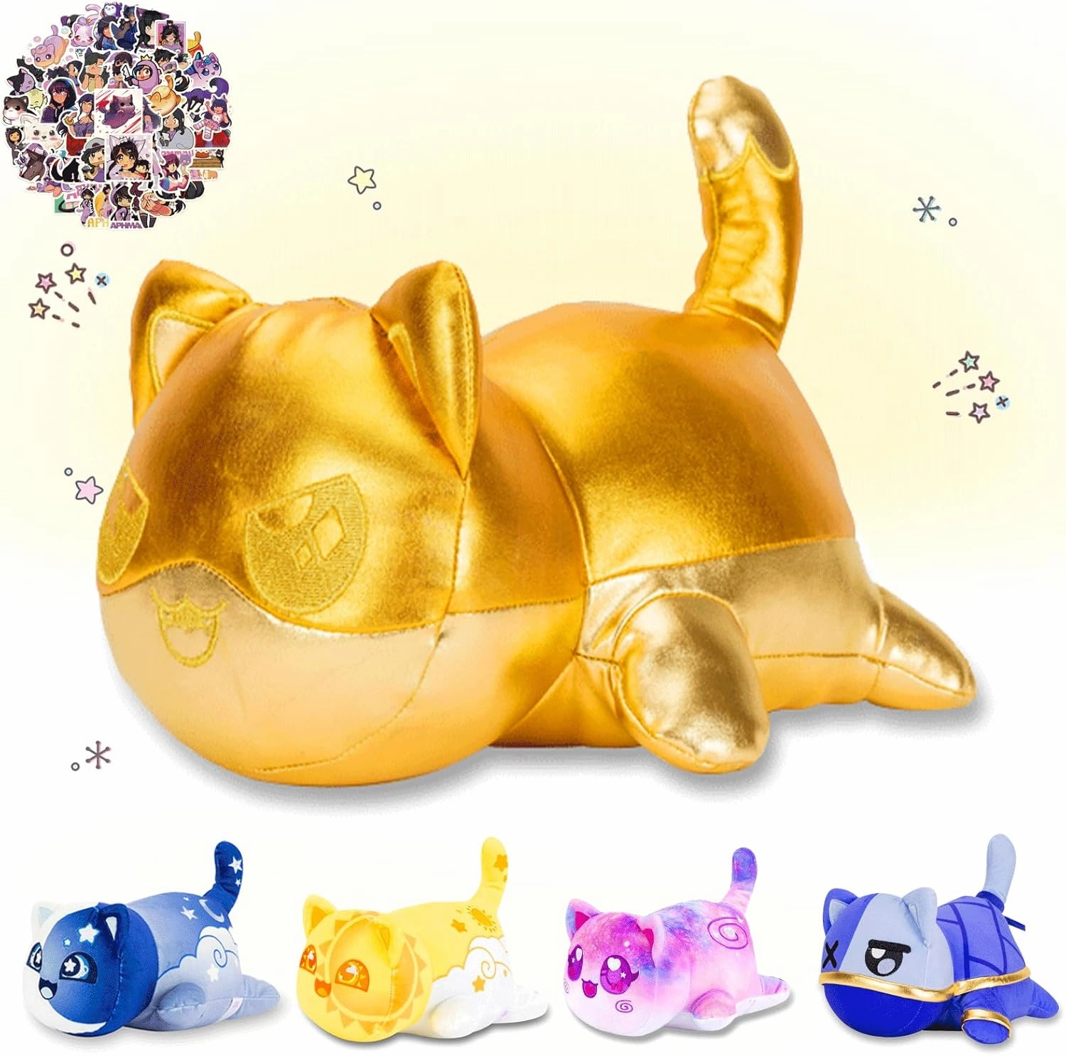 AOYINGMRWJ® 61-PCS 丨 9.8-inches Gold EIN Cat Plush   60-Sticker - Blind Box Cat Plush Collection - 100% Polyester Plushie Pillow Embroidered - Cat Stuffed Animal