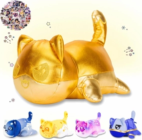 AOYINGMRWJ® 61-PCS 丨 9.8-inches Gold EIN Cat Plush   60-Sticker - Blind Box Cat Plush Collection - 100% Polyester Plushie Pillow Embroidered - Cat Stuffed Animal
