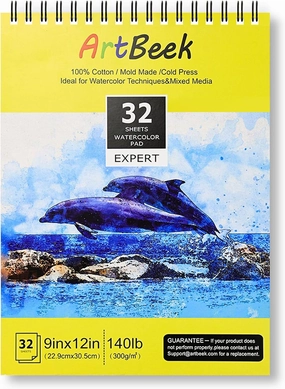ArtBeek Watercolor Pad 9x12 Inch, 32 Sheets (140lb/300gsm), 100% Cotton Watercolor Paper,Cold Pressed,Acid-Free, Art Sketchbook Pad for Painting & Drawing, Wet, Mixed Media