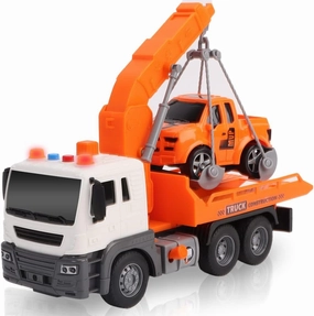 ArtCreativity Light Up Tow Truck, Scale Model with Movable Flat Bed, Lights, Sound, Small Car Toy for Kids, Interactive Toy for Boys and Girls, Ages 3 and Up