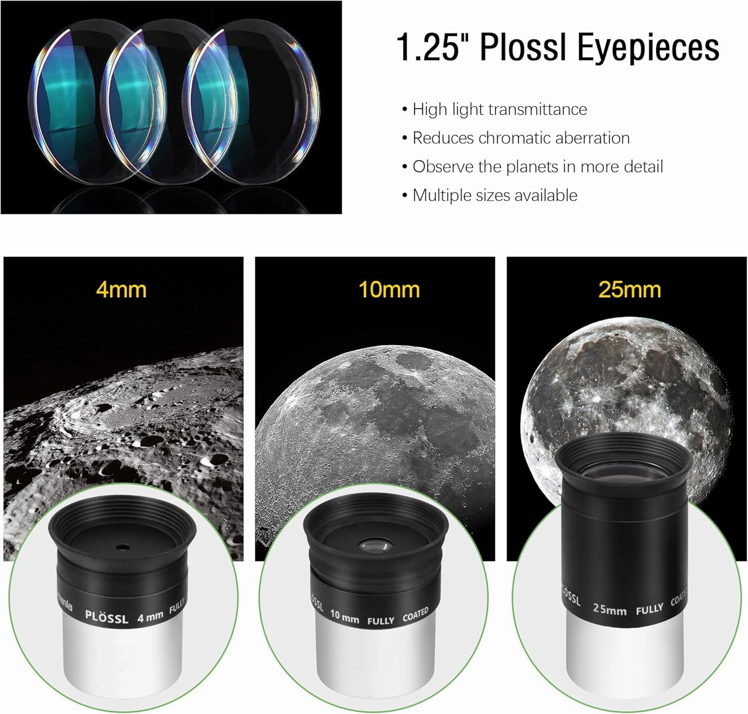 Astromania Multi Coated 1.25-Inch Plossl Eyepieces(4mm, 10mm, 25mm) with 2X Barlow Astronomical Telescope Accessory Kit - let You get The Most Out and enhances The Performance of Your Telescope