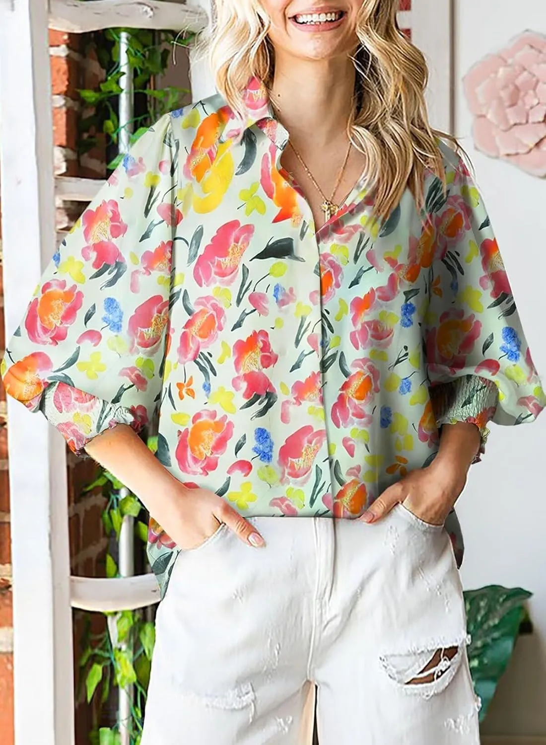 Astylish Women 2025 Loose V-Neck Shirts Paisley Print Lantern Sleeve Blouse Boho Tops