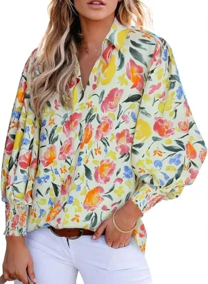 Astylish Women 2025 Loose V-Neck Shirts Paisley Print Lantern Sleeve Blouse Boho Tops