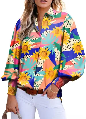 Astylish Women Loose V-Neck Shirts Paisley Print Lantern Sleeve Blouse Tops