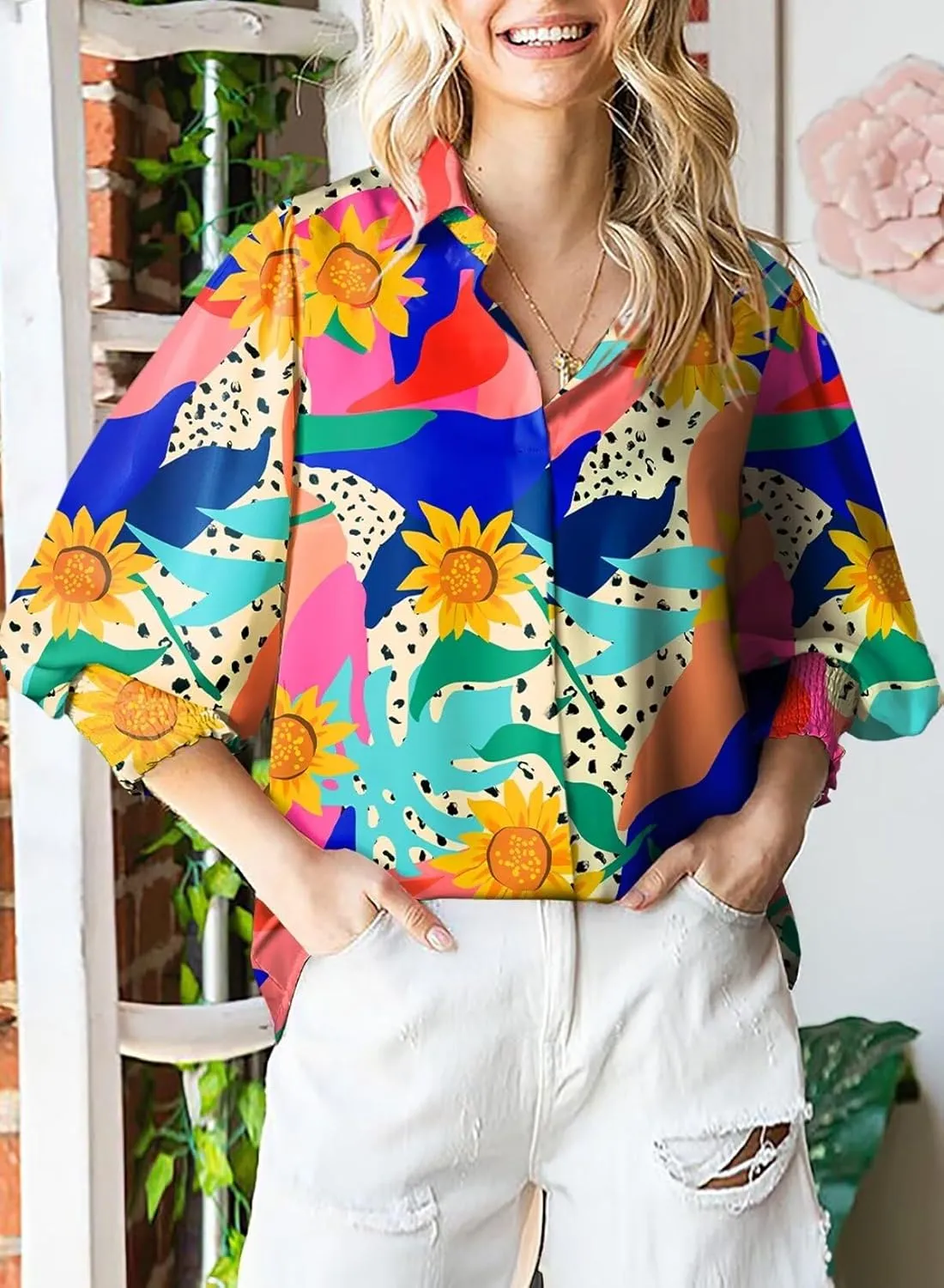 Astylish Women Loose V-Neck Shirts Paisley Print Lantern Sleeve Blouse Tops