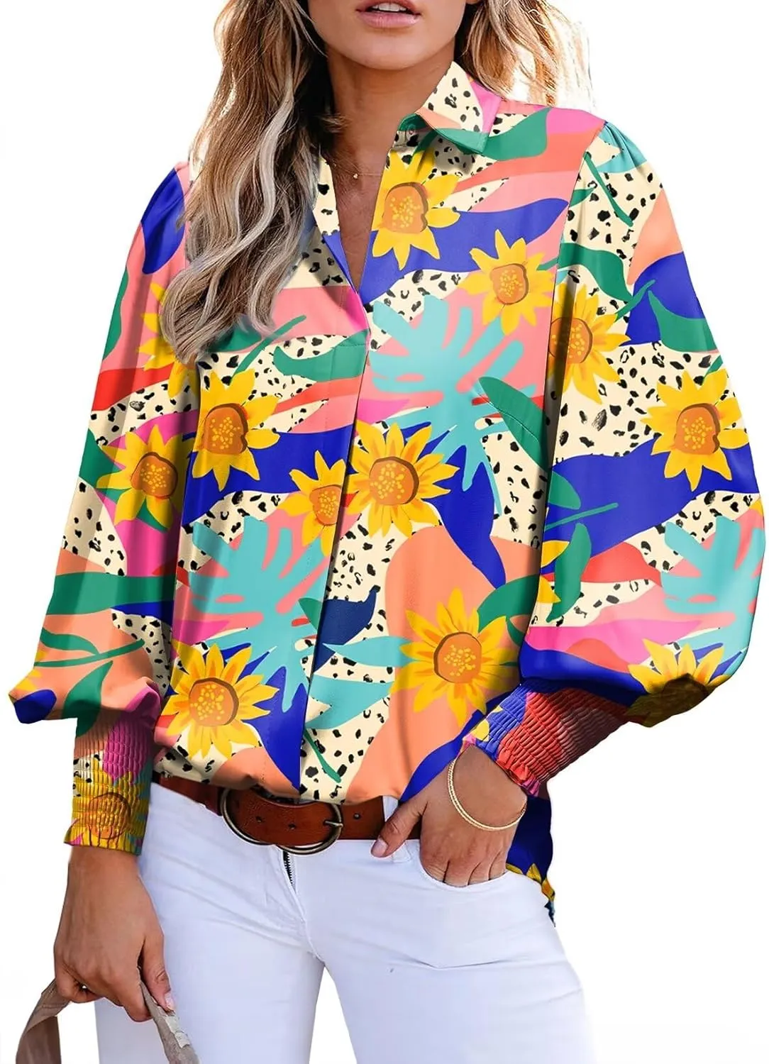 Astylish Women Loose V-Neck Shirts Paisley Print Lantern Sleeve Blouse Tops