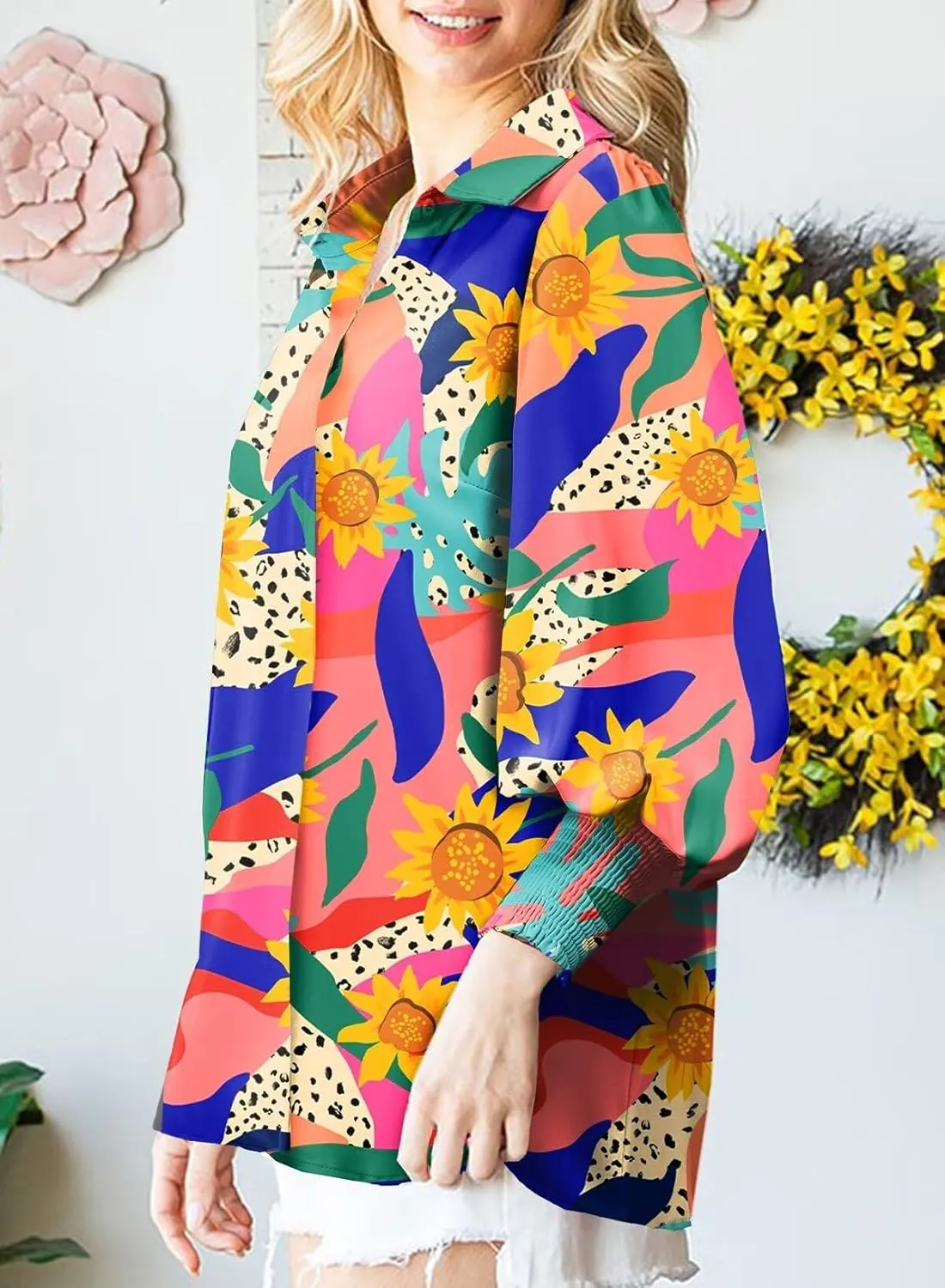 Astylish Women Loose V-Neck Shirts Paisley Print Lantern Sleeve Blouse Tops