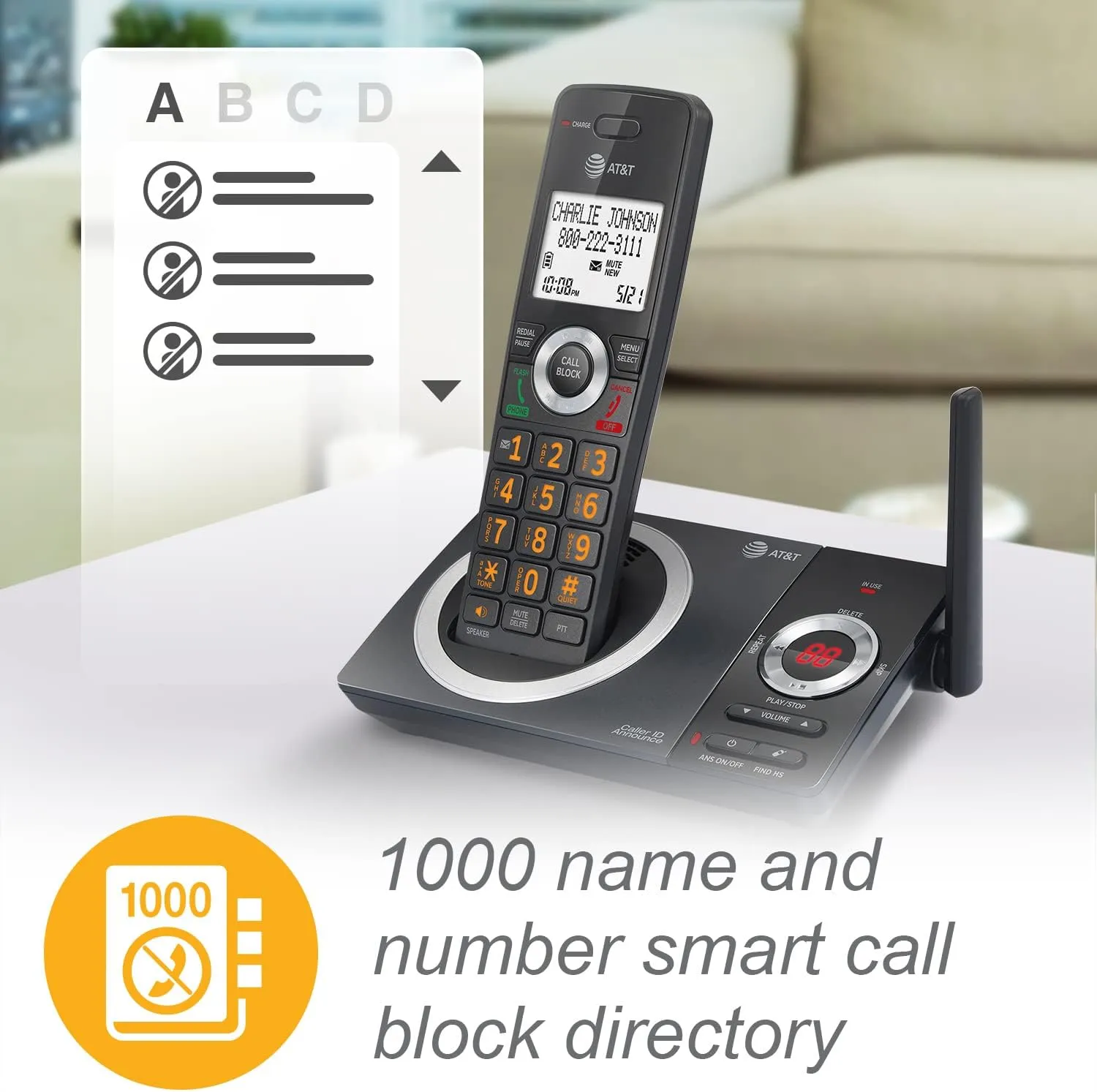 AT&T CL82319 DECT 6.0 3-Handset Cordless Phone for Home with Answering Machine, Call Blocking, Caller ID Announcer, Intercom and Long Range, Black
