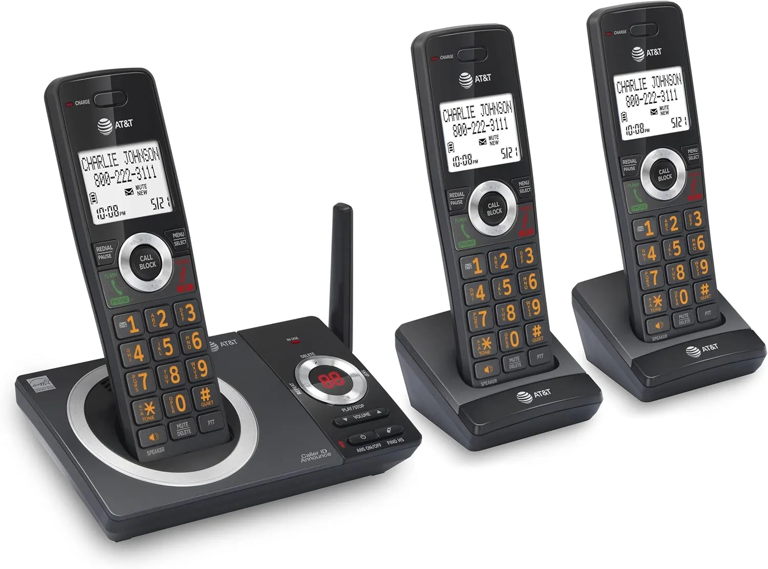 AT&T CL82319 DECT 6.0 3-Handset Cordless Phone for Home with Answering Machine, Call Blocking, Caller ID Announcer, Intercom and Long Range, Black