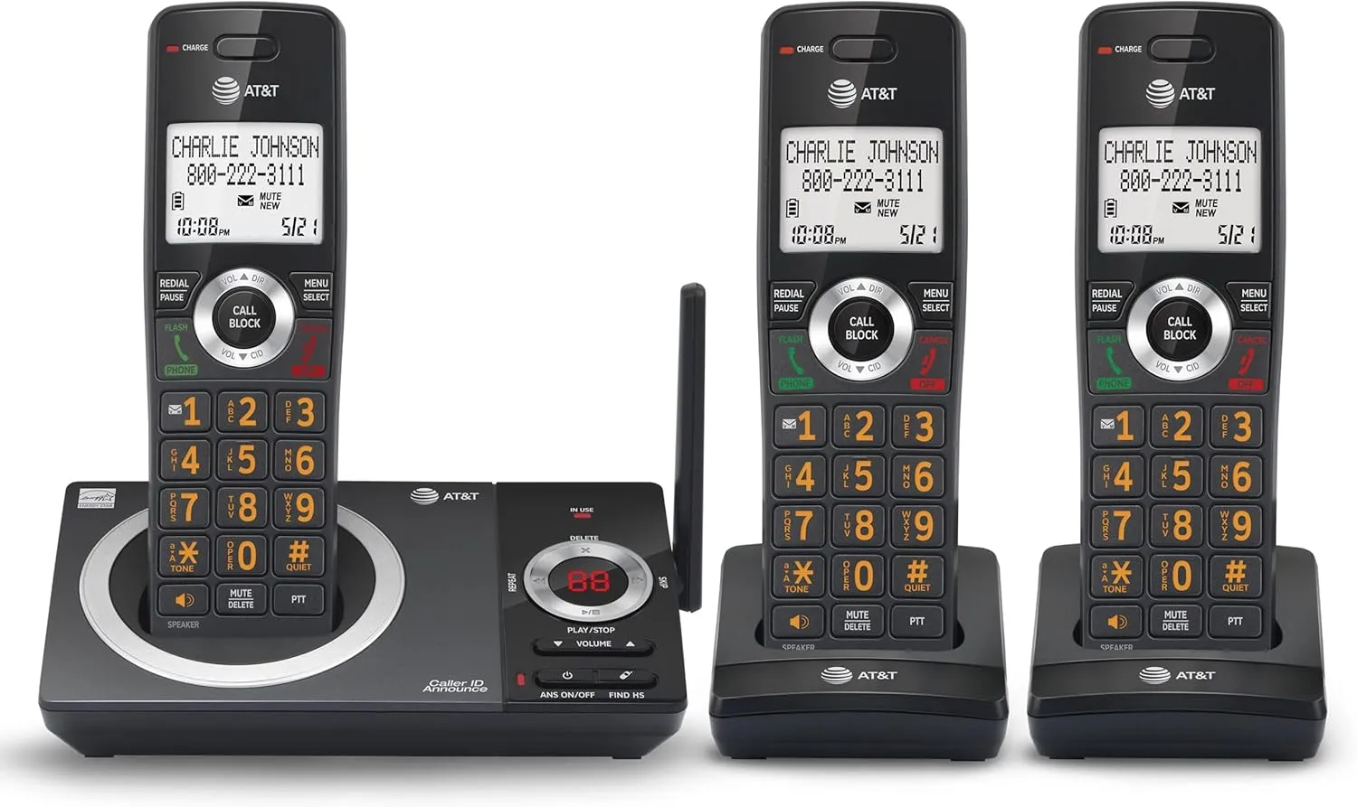 AT&T CL82319 DECT 6.0 3-Handset Cordless Phone for Home with Answering Machine, Call Blocking, Caller ID Announcer, Intercom and Long Range, Black