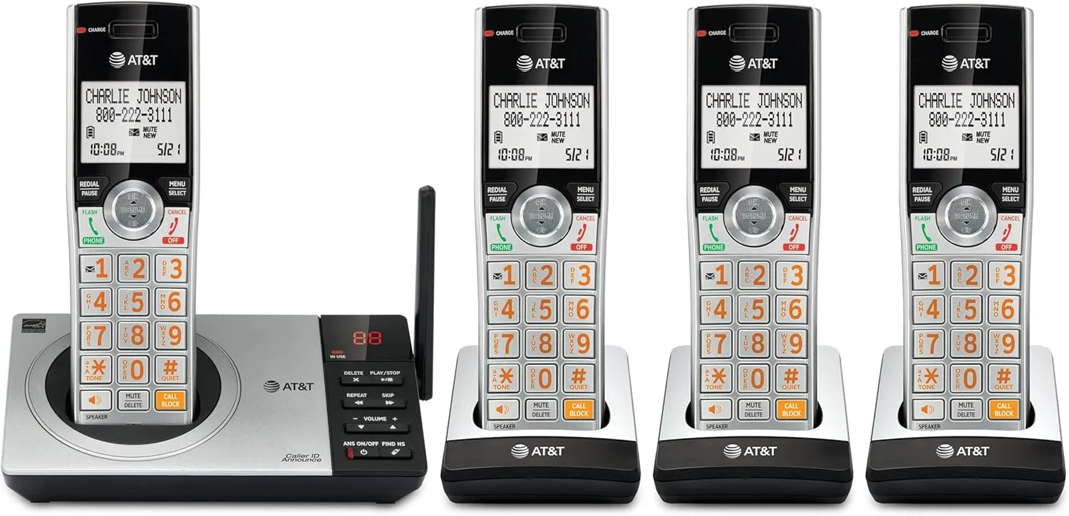 AT&T CL82407 DECT 6.0 4-Handset Cordless Phone for Home with Answering Machine, Call Blocking, Caller ID Announcer, Intercom and Long Range, Silver