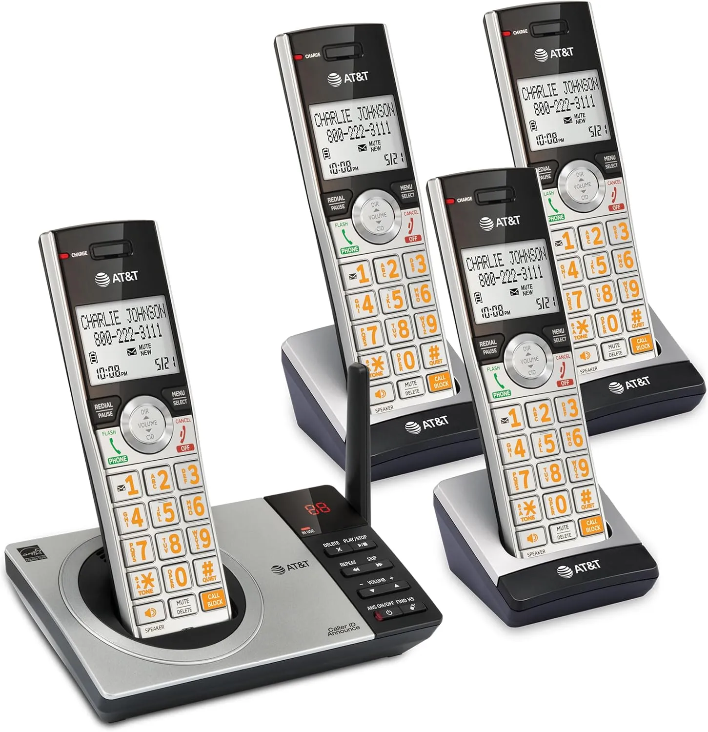 AT&T CL82407 DECT 6.0 4-Handset Cordless Phone for Home with Answering Machine, Call Blocking, Caller ID Announcer, Intercom and Long Range, Silver