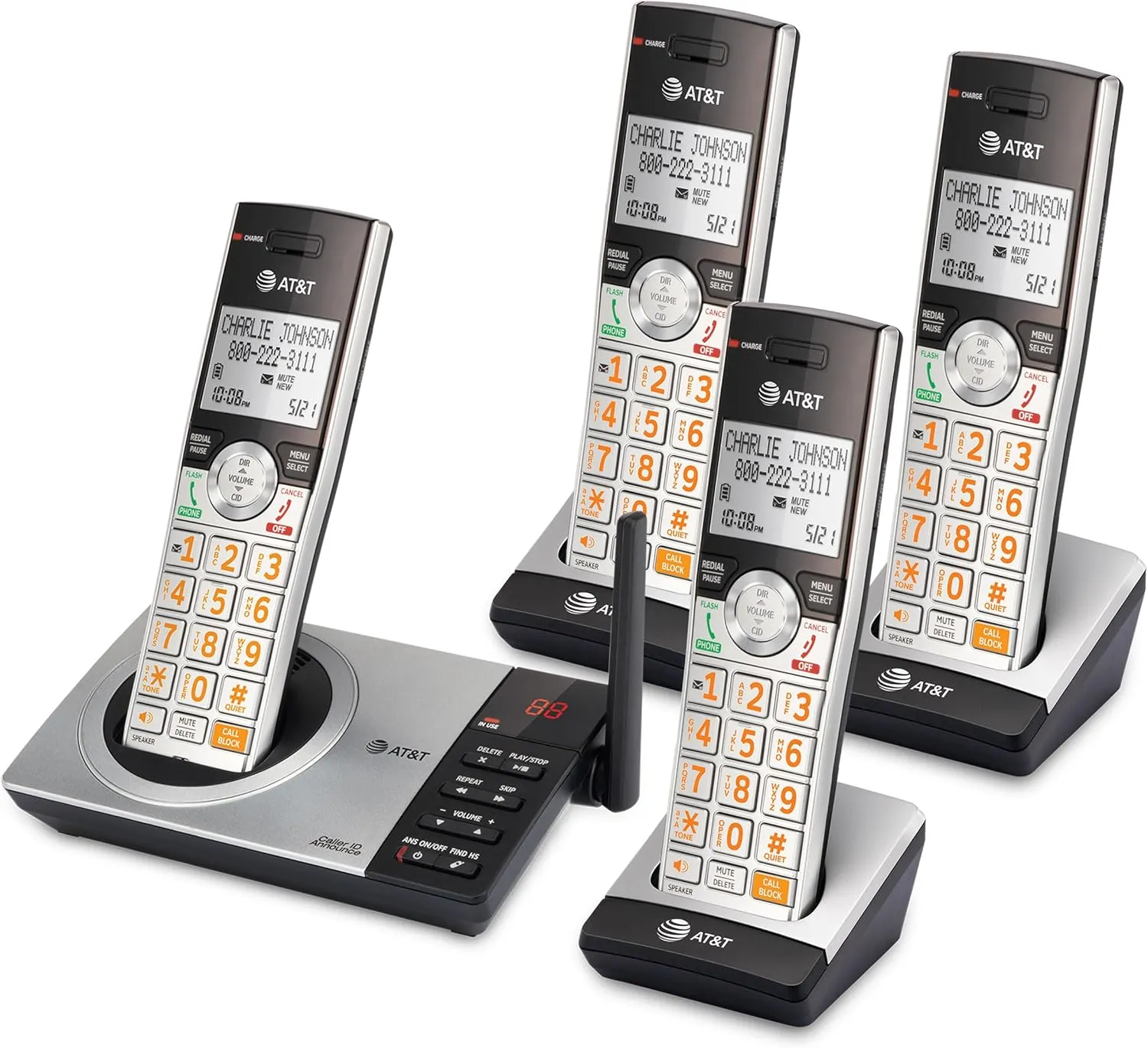 AT&T CL82407 DECT 6.0 4-Handset Cordless Phone for Home with Answering Machine, Call Blocking, Caller ID Announcer, Intercom and Long Range, Silver