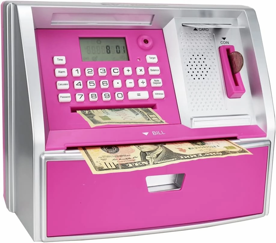 ATM Piggy Bank for Kids, Electronic Money Bank with Coin Counter, Card & Password, Mini ATM Machine Birthday Gift for Boys and Girls – Fun Educational Savings Toy (Pink/Silver)