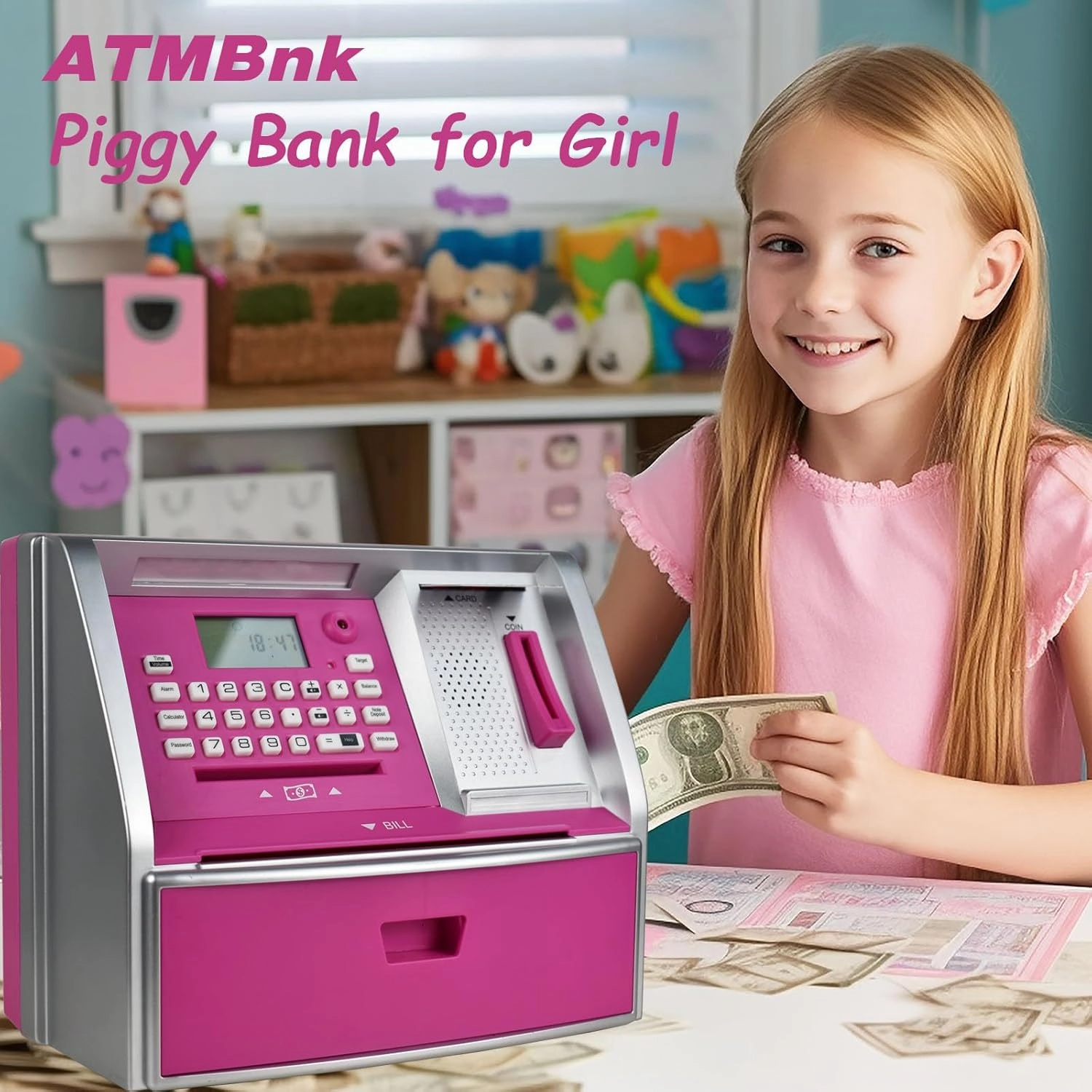 ATM Piggy Bank for Kids, Electronic Money Bank with Coin Counter, Card & Password, Mini ATM Machine Birthday Gift for Boys and Girls – Fun Educational Savings Toy (Pink/Silver)