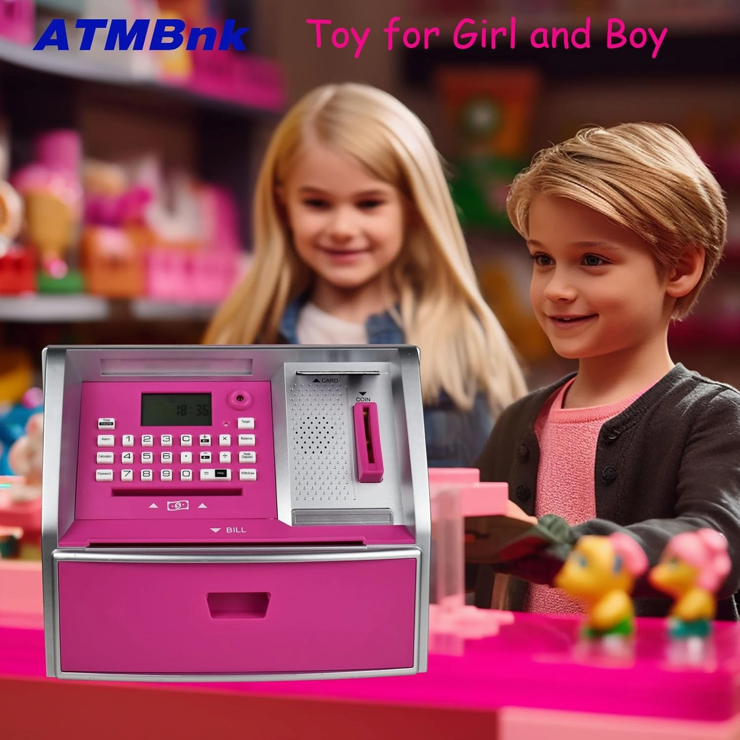 ATM Piggy Bank for Kids, Electronic Money Bank with Coin Counter, Card & Password, Mini ATM Machine Birthday Gift for Boys and Girls – Fun Educational Savings Toy (Pink/Silver)