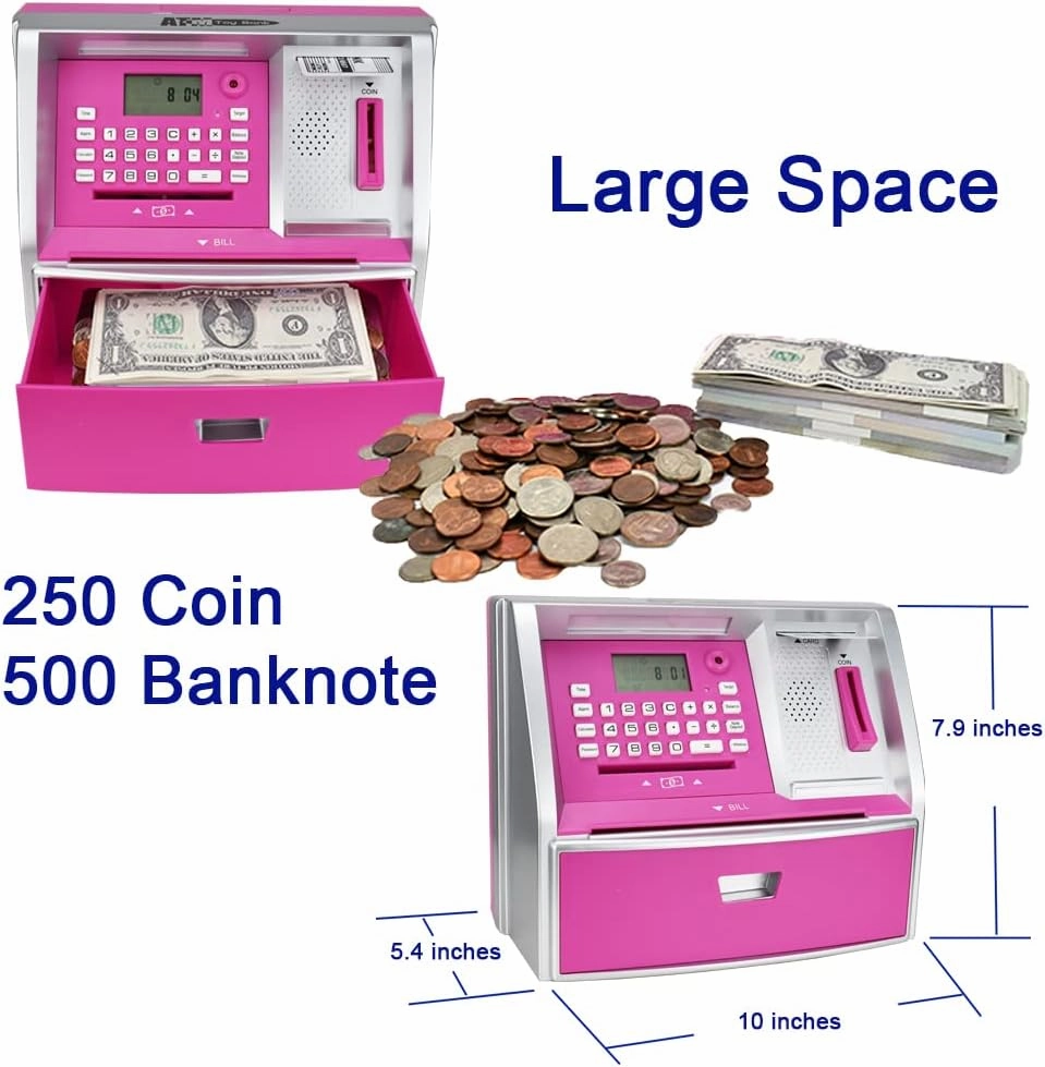 ATM Piggy Bank for Kids, Electronic Money Bank with Coin Counter, Card & Password, Mini ATM Machine Birthday Gift for Boys and Girls – Fun Educational Savings Toy (Pink/Silver)
