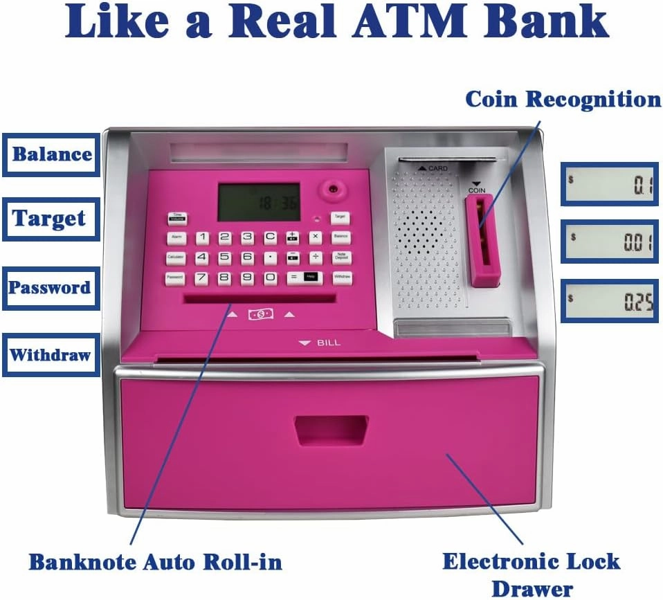 ATM Piggy Bank for Kids, Electronic Money Bank with Coin Counter, Card & Password, Mini ATM Machine Birthday Gift for Boys and Girls – Fun Educational Savings Toy (Pink/Silver)