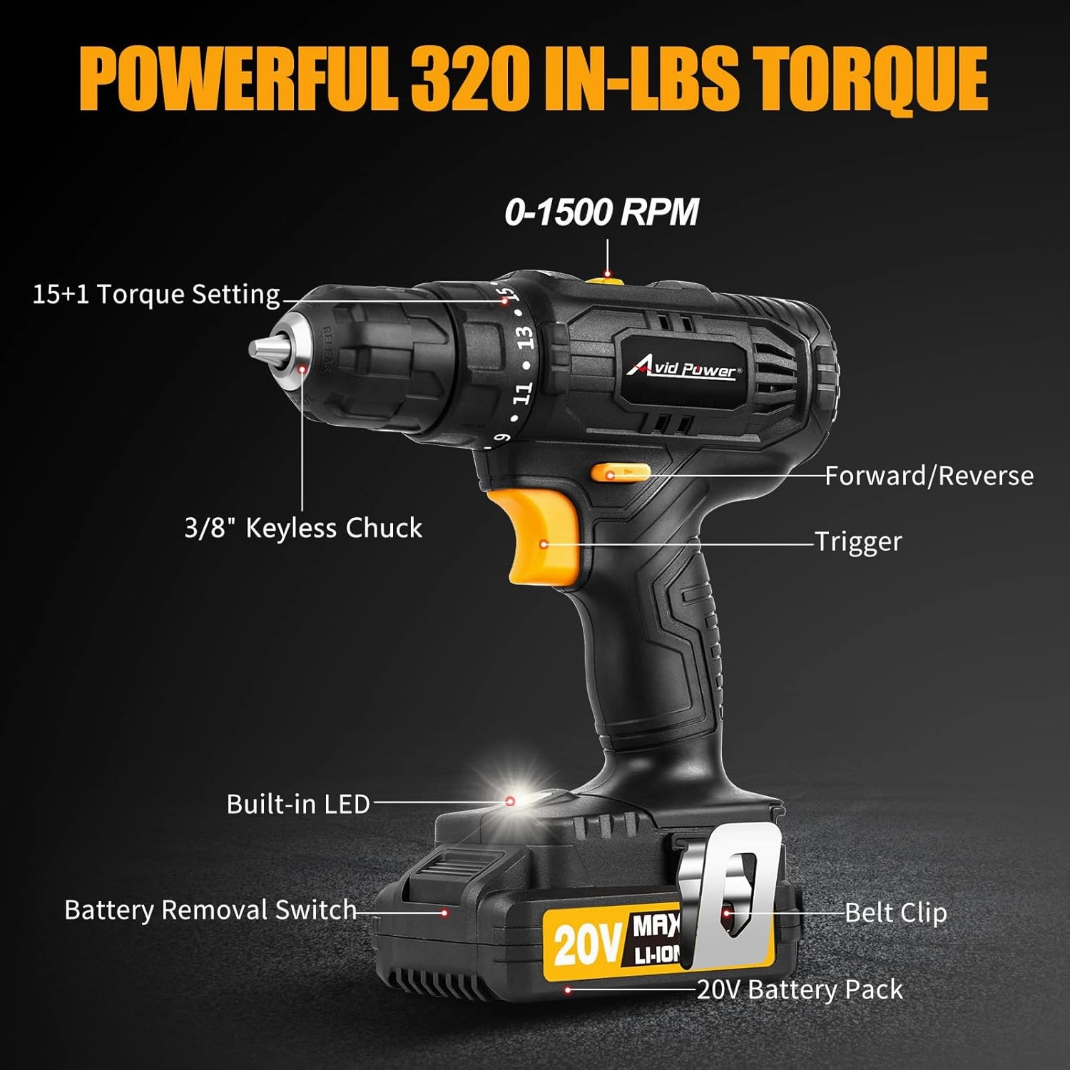 AVID POWER 20V Cordless Drill Set 320 In-lbs Torque Power Drill/Driver Kit with 2 Variable Speed, 3/8'' Keyless Chuck