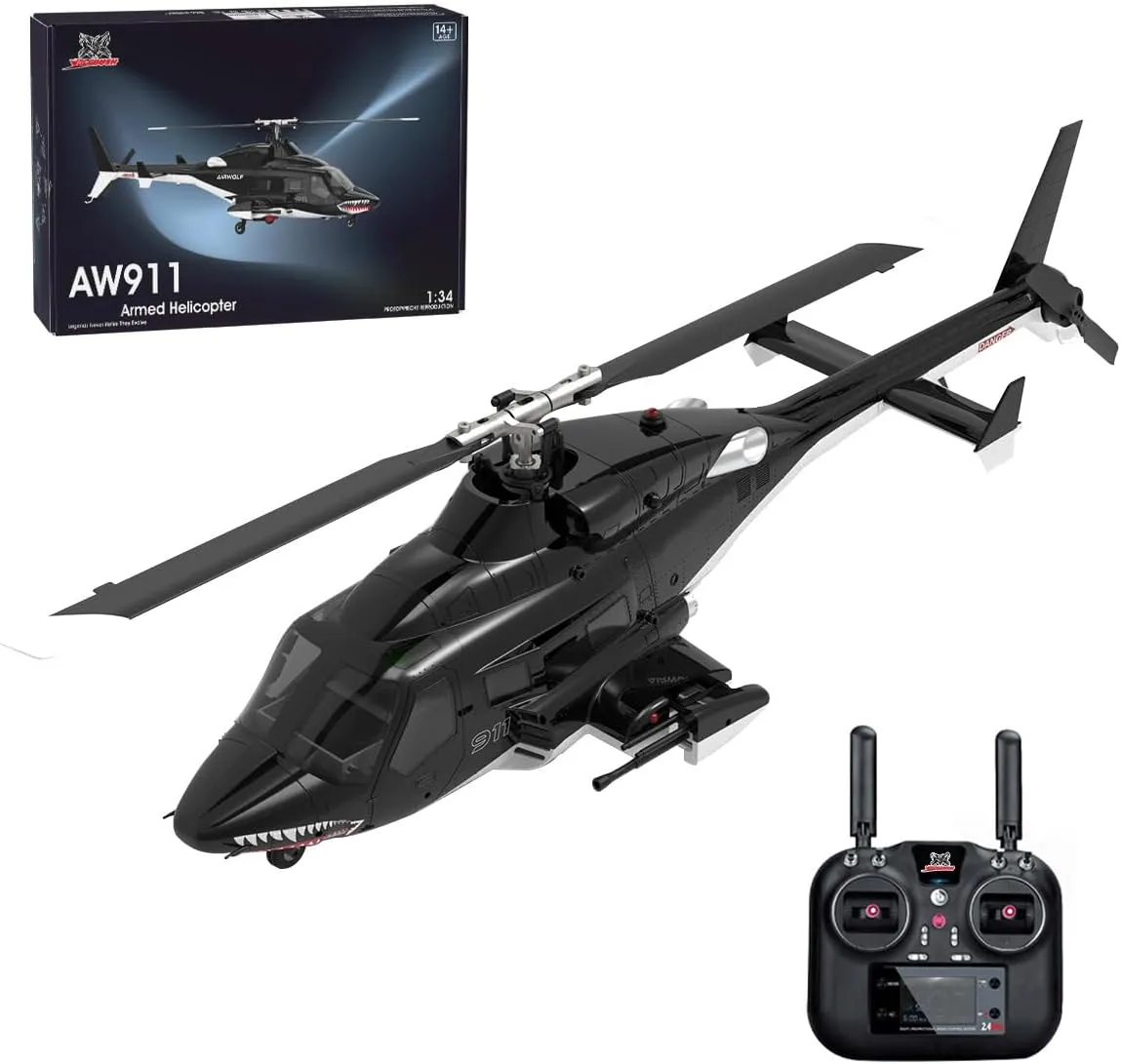 AW-911 Air - Wolf 1/34 Scale Flybarless RC Helicopter Model, 2.4G 9CH with 6G/3D Stunt Mode and GPS Positioning, RC Aircraft, Gifts for Boys Girls (RTF Version/Mode 1/Mode 2 Switchable)