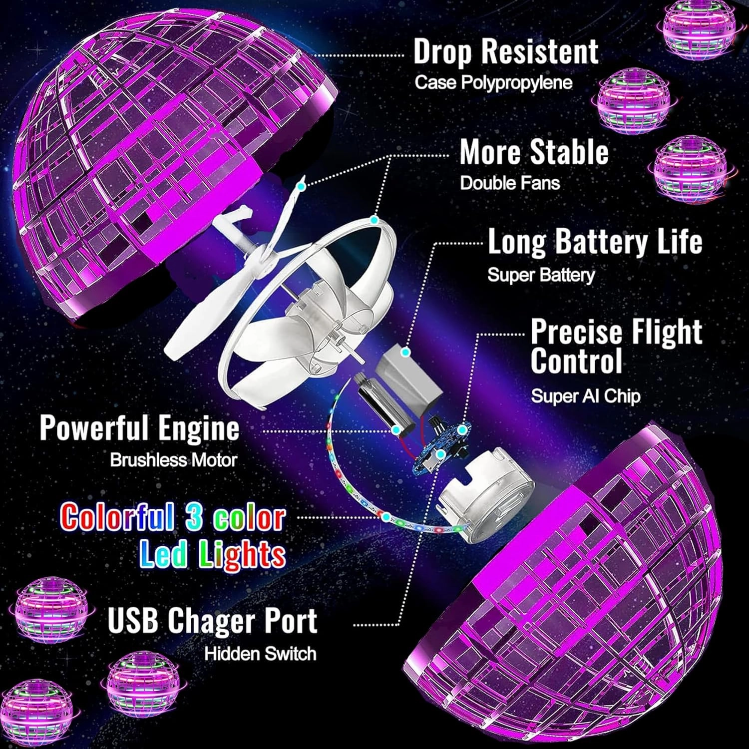 Awesome Flying Orb Ball Toy; Upgraded Gorgeous Boomerang Hover Galaxy Ball. Levitating Hand Controlled Orb. Cool Toys as Gifts for 6 7 8 9 10  Year Old Boys Girls & Adults. (Purple)