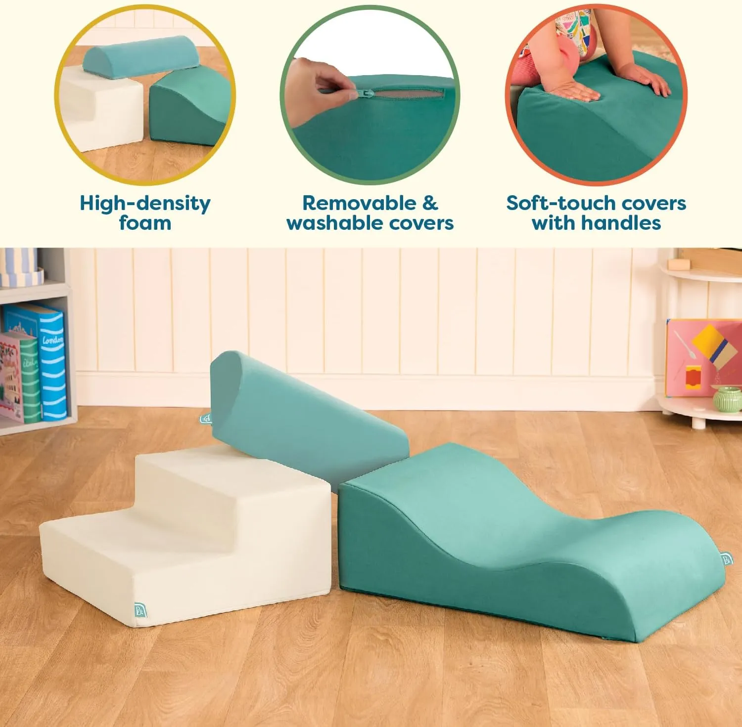 B. toys- Sensory Foam Building Shapes for Toddlers - 3-Piece Climbing Set with Stairs, Ramp & Half-Cylinder - Machine Washable Baby Toys with Removable Covers - Indoor Play Equipment for 12  Months