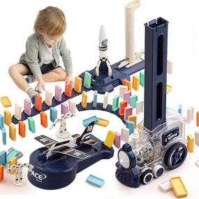 B-Qtech Domino Train Toy for Kids Airplane Rocket Launcher Electric Train 200pcs Dominoes Blocks Set Creative Kids Games Gift for Boy Girl Ages 3-8