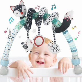 Baby Stroller Arch Toys, Black and White Hanging Toy Activity Set, Stretch & Spiral Adjustable Clamp for Cribs & Car Seats, Includes Rattles, Squeaker & Teether for Newborns and Infants (02)