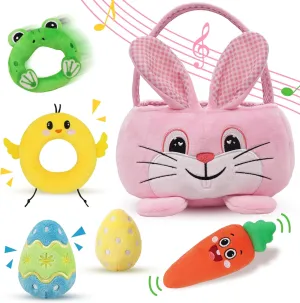 Baby's First Personalized Easter Basket Playset, 6ct Stuffed Plush Easter Basket with Pink Bunny Chick Carrot Egg Frog Easter Basket Stuffers for Girls Kids Infants Easter Decorations Gifts