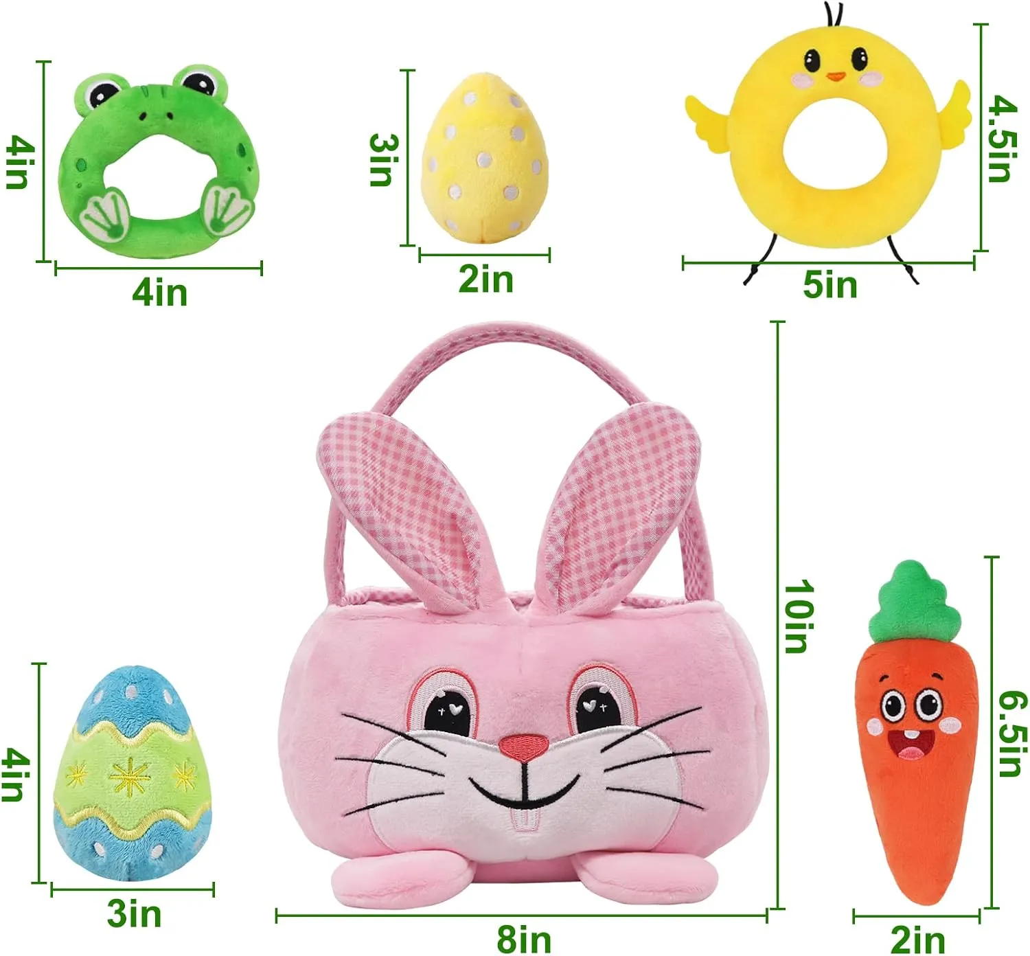 Baby's First Personalized Easter Basket Playset, 6ct Stuffed Plush Easter Basket with Pink Bunny Chick Carrot Egg Frog Easter Basket Stuffers for Girls Kids Infants Easter Decorations Gifts