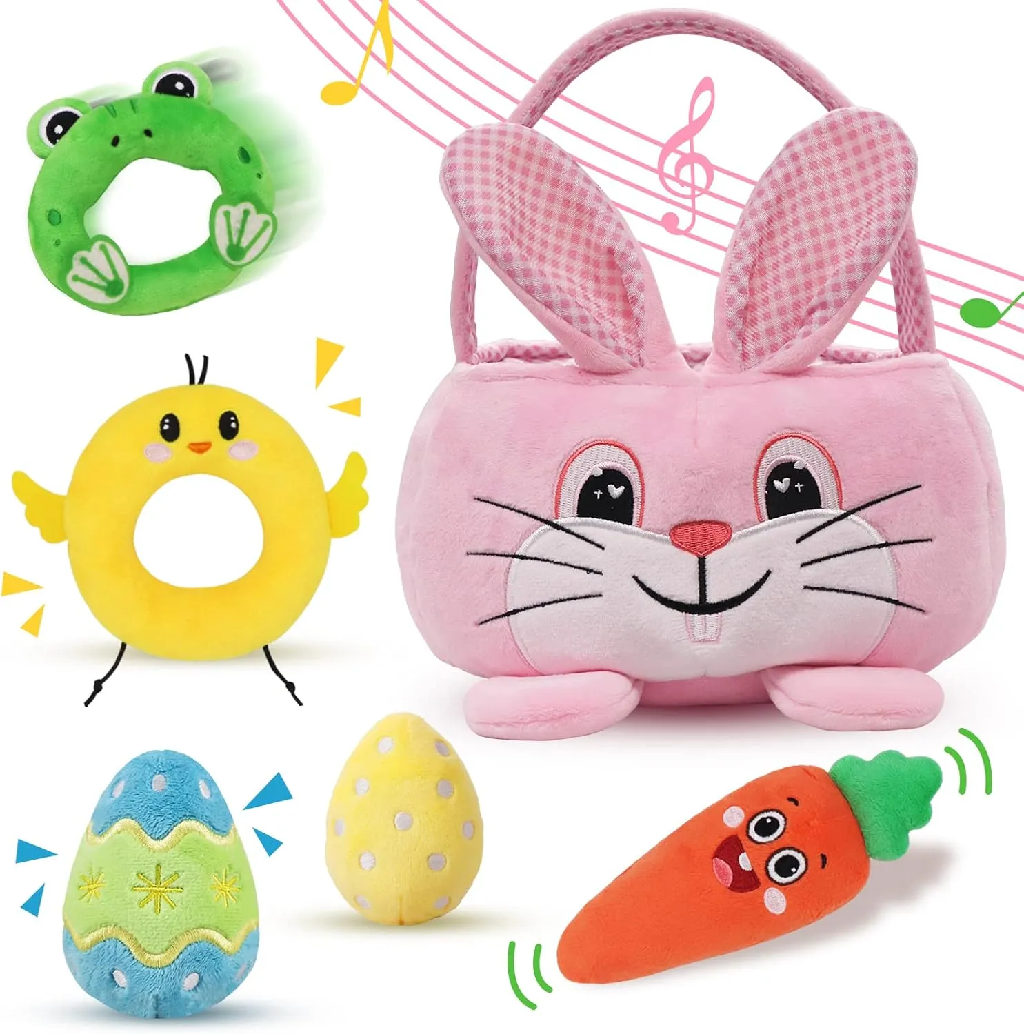Baby's First Personalized Easter Basket Playset, 6ct Stuffed Plush Easter Basket with Pink Bunny Chick Carrot Egg Frog Easter Basket Stuffers for Girls Kids Infants Easter Decorations Gifts