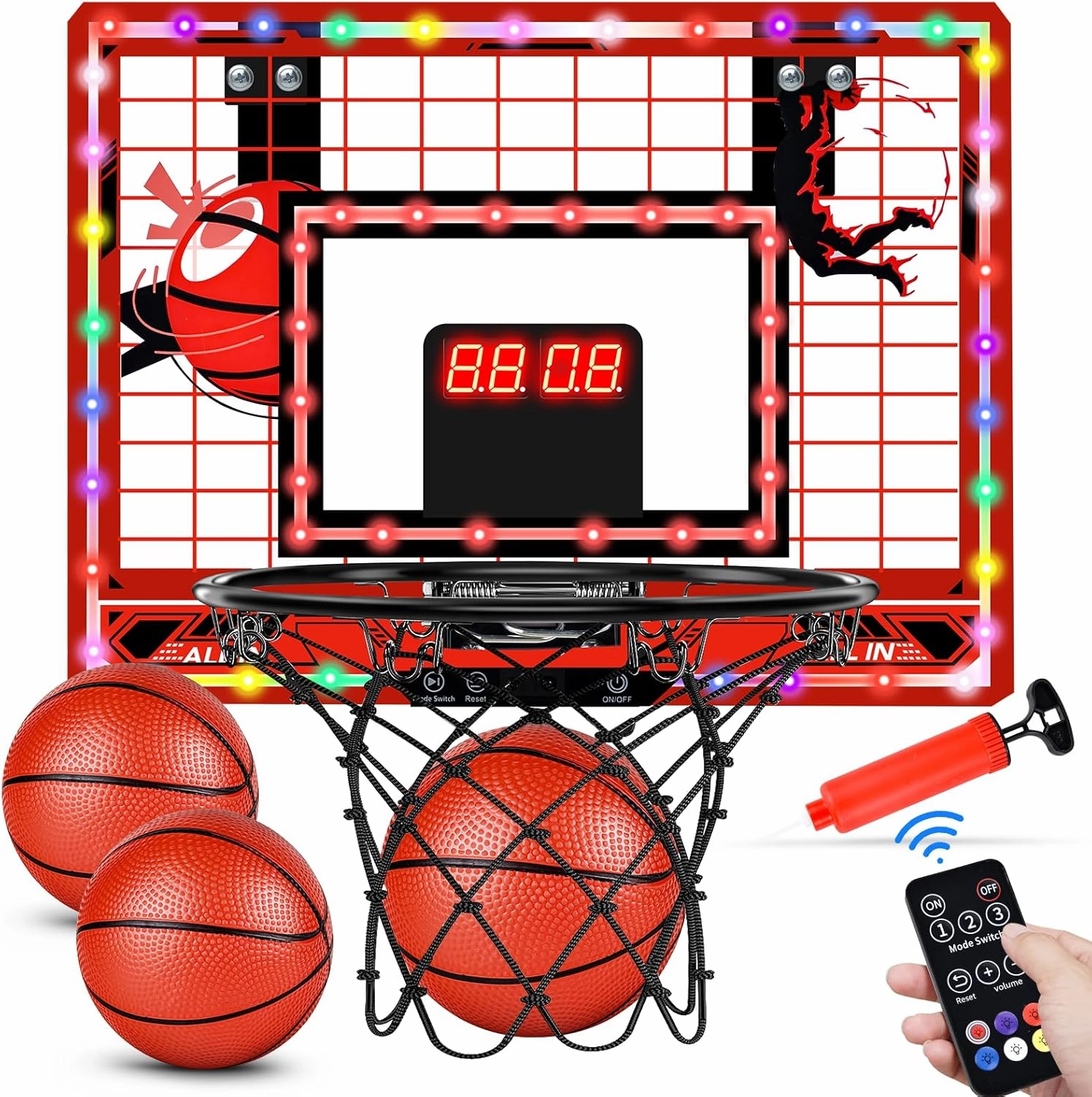 Basketball Hoop Indoor for Kids-Over The Door Mini Basketball Hoop with LED Light, Scoreboard, Remote Control|Upgrade 3 Modes Games| Boys Girls Toys for Ages 3 4 5 6 7 8 9 10  Birthday Gifts
