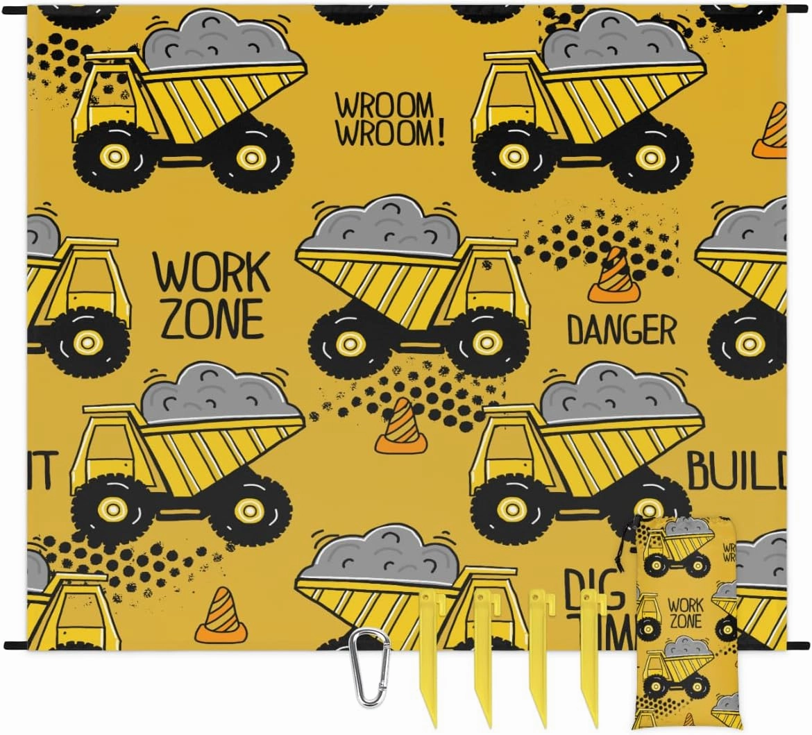Beach Blanket, Cartoon Truck Sandproof Beach Mat, Waterproof Quick Drying Sand Free Mat with 4 x Ground Spikes for Outdoor Travel Camping Hiking, Excavator Construction 68 x 59 in