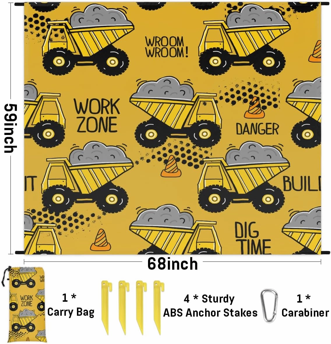Beach Blanket, Cartoon Truck Sandproof Beach Mat, Waterproof Quick Drying Sand Free Mat with 4 x Ground Spikes for Outdoor Travel Camping Hiking, Excavator Construction 68 x 59 in