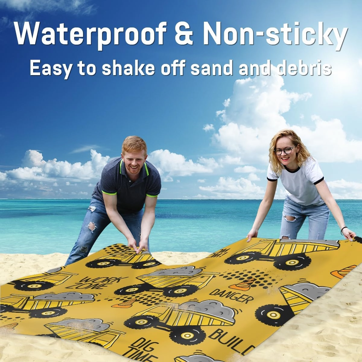 Beach Blanket, Cartoon Truck Sandproof Beach Mat, Waterproof Quick Drying Sand Free Mat with 4 x Ground Spikes for Outdoor Travel Camping Hiking, Excavator Construction 68 x 59 in