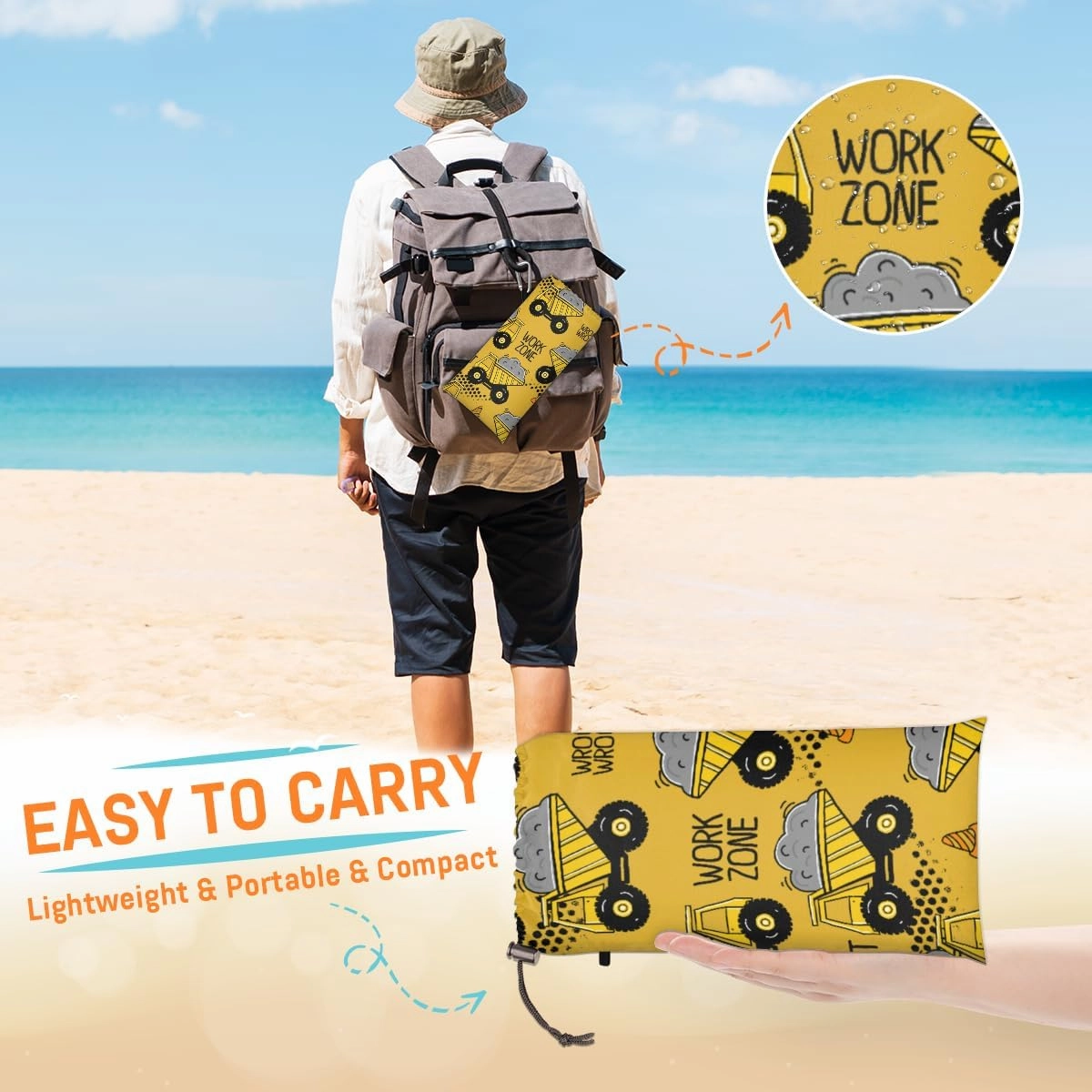 Beach Blanket, Cartoon Truck Sandproof Beach Mat, Waterproof Quick Drying Sand Free Mat with 4 x Ground Spikes for Outdoor Travel Camping Hiking, Excavator Construction 68 x 59 in