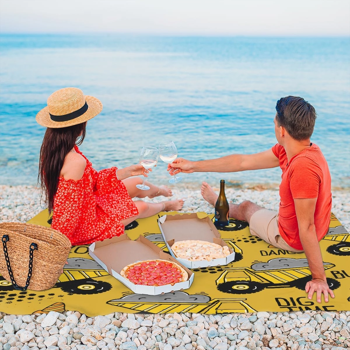 Beach Blanket, Cartoon Truck Sandproof Beach Mat, Waterproof Quick Drying Sand Free Mat with 4 x Ground Spikes for Outdoor Travel Camping Hiking, Excavator Construction 68 x 59 in