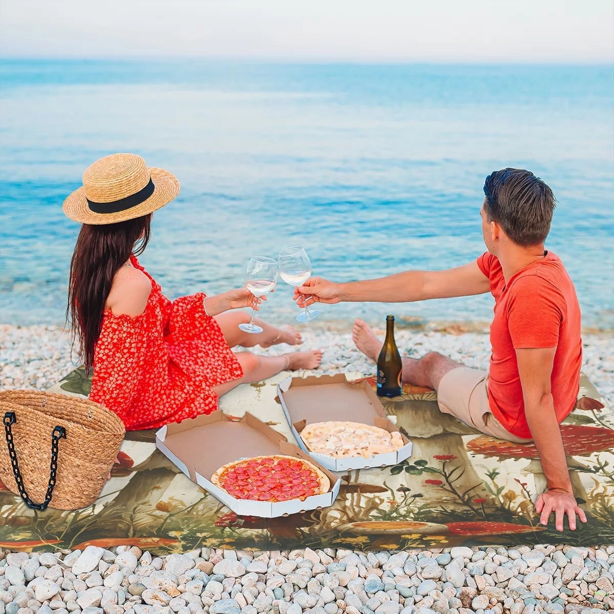 Beach Blanket, Fall Mushroom Sandproof Beach Mat, Waterproof Quick Drying Sand Free Mat with 4 x Ground Spikes for Outdoor Travel Camping Hiking, Floral Mushroom Print 68 x 59 in